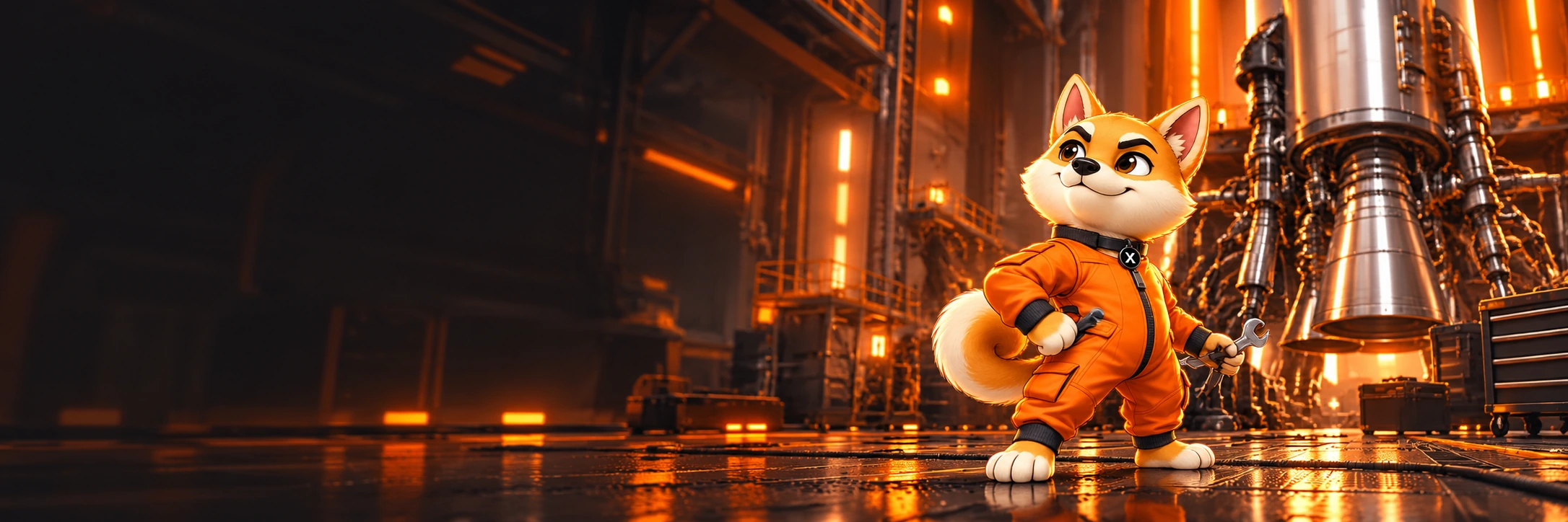 X in an orange flight suit, holding a wrench beside rocket engines