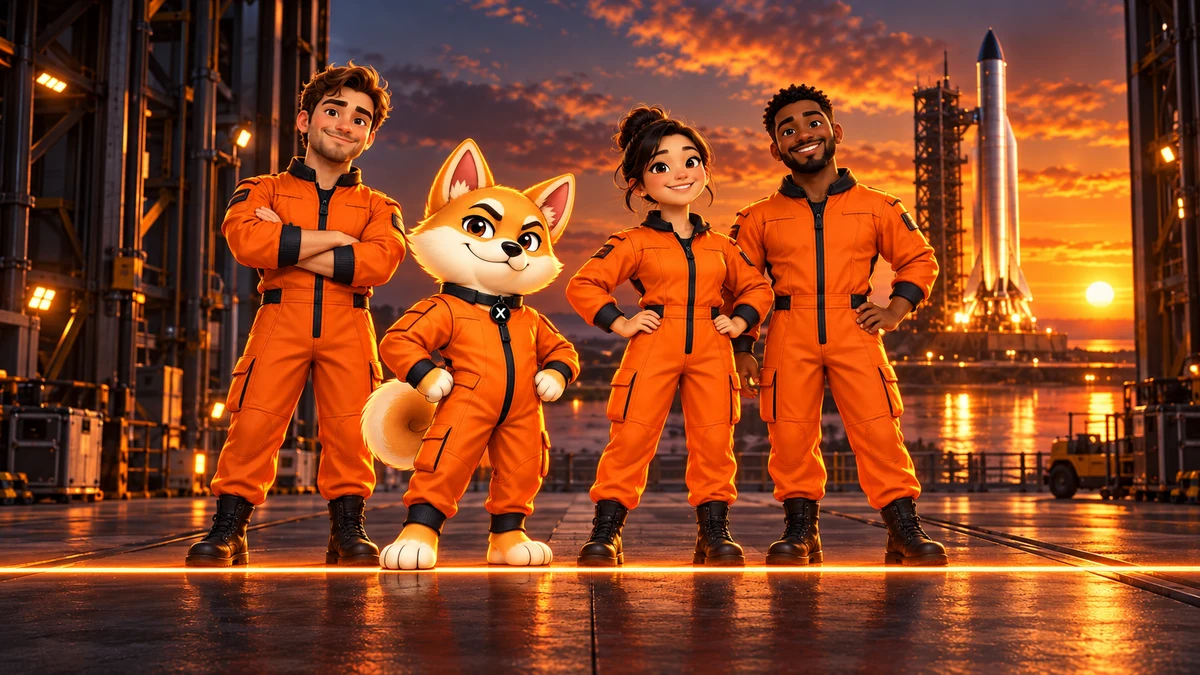 X and three crewmates in orange flight suits outside a rocket hangar