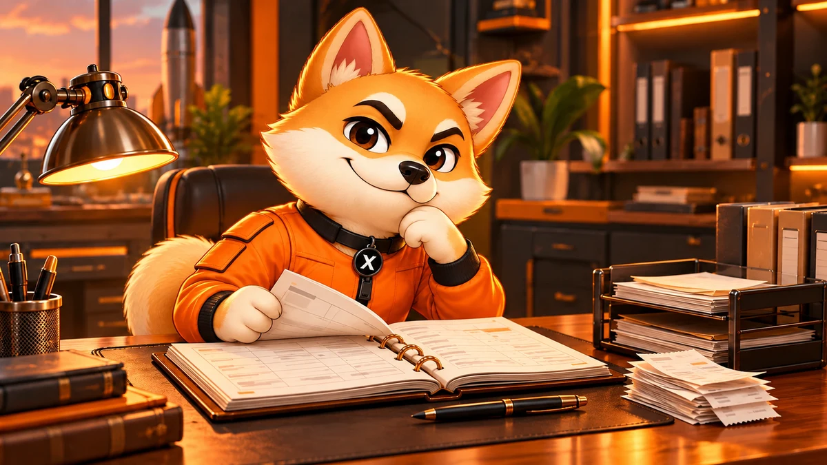 X reviewing an open ledger at a desk
